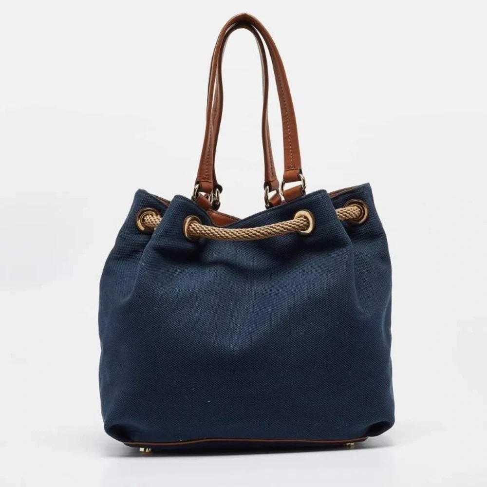 Michael Kors Navy Blue/Brown Canvas Marina Drawstring Tote - Picture 3 of 9